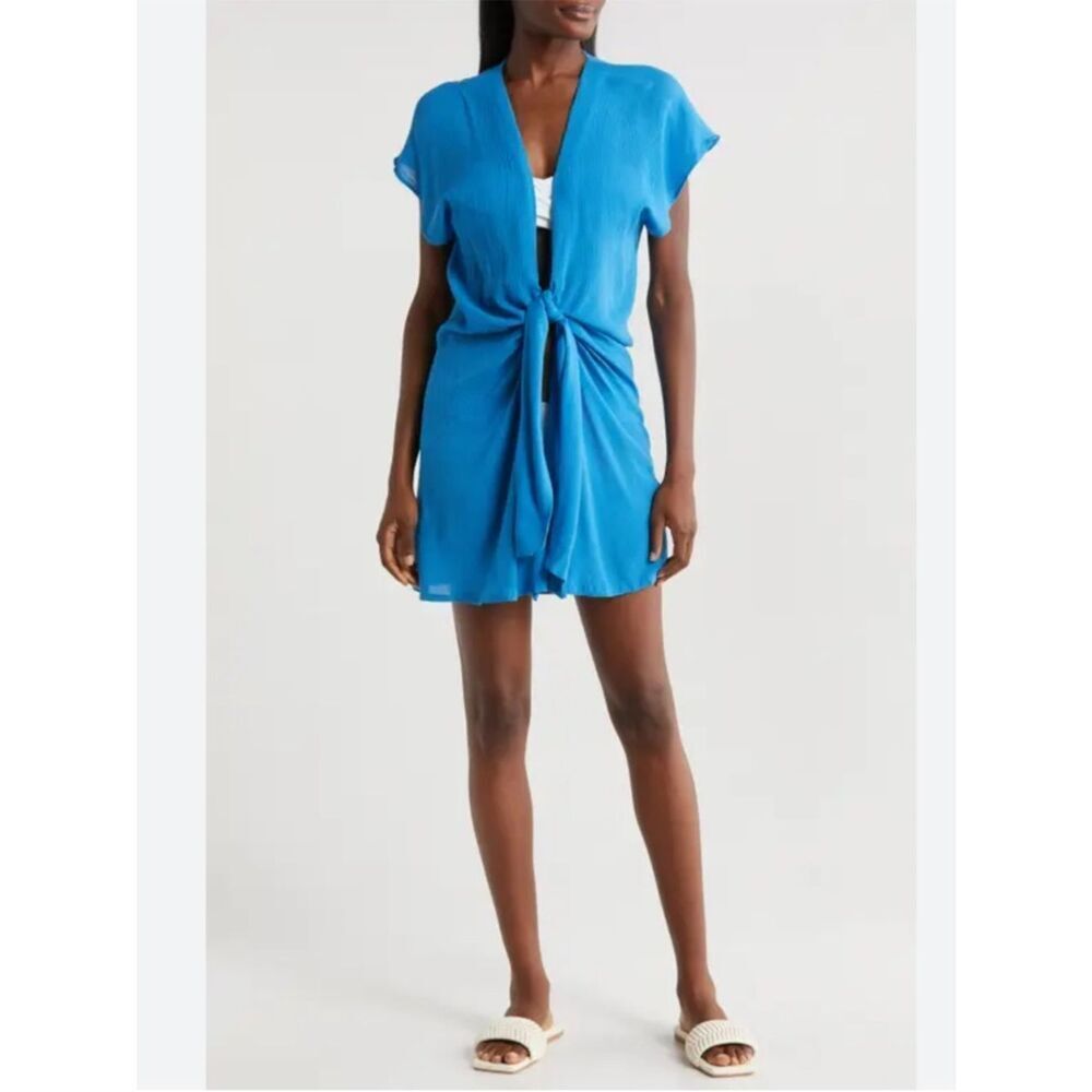 Elan Tie Front Cover-up Rayon Wrap Dress In Blue NWT